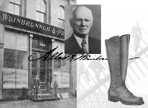 A photo collage showing the original storefront, a photo of Albert Weinbrenner, and an early pair of boots